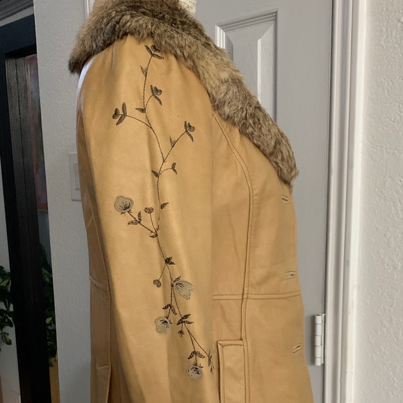 Vintage Arden B | Y2K Penny Lane Tan Leather Coat Fur Collar Embroidered | Sz S - Picture 4 of 13